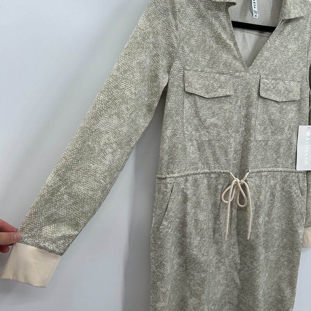 NWT ATHLETA Zuma Printed Shirt Dress Cream Gray Lightweight Waist Tie Size XS - Picture 7 of 9